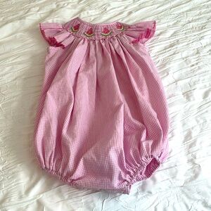 petit Bebe brand Watermelon and pink gingham bubble outfit